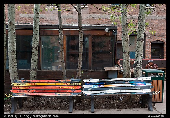 Public benches made of old skis. Telluride, Colorado, USA