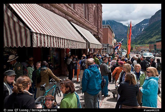 People gathering in front of movie theater. Telluride, Colorado, USA (color)