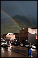 People watching double rainbow on main street. Telluride, Colorado, USA (color)