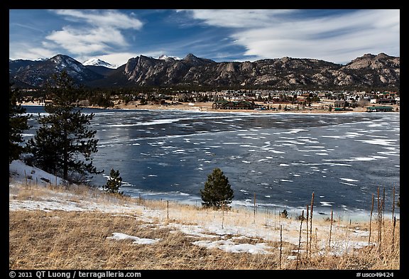 Estes Lake and Estes Park in late winter. Colorado, USA