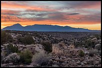 Pueblo and Sleeping Ute Mountain, sunrise. Hovenweep National Monument, Colorado, USA ( color)