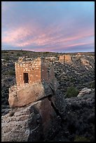 Stronghold House, Twin Towers, Hovenweep House, and Eroded Boulder House, sunrise. Hovenweep National Monument, Colorado, USA ( color)