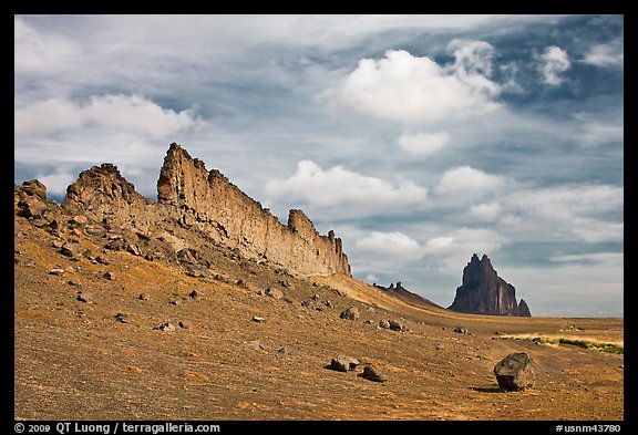 Golden wall and Shiprock. Shiprock, New Mexico, USA