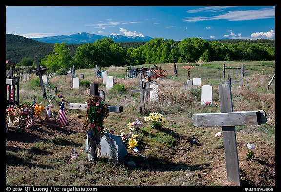 Crosses and headstones, cemetery, Picuris Pueblo. New Mexico, USA (color)