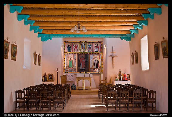 Interior of San Lorenzo Church, Picuris Pueblo. New Mexico, USA (color)
