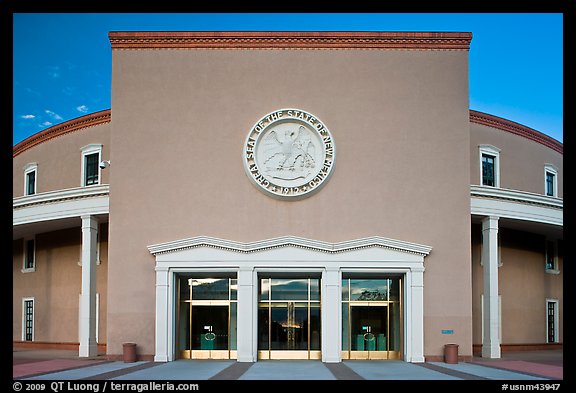 West entrance of New state Mexico Capitol. Santa Fe, New Mexico, USA