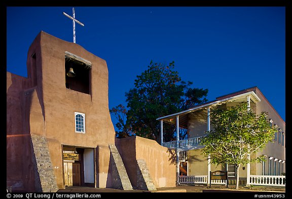 Church of San Miguel by night. Santa Fe, New Mexico, USA