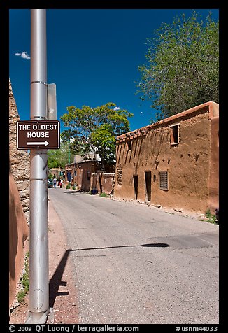 Street with Oldest House sign. Santa Fe, New Mexico, USA (color)