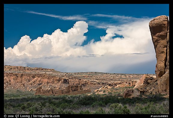 Pueblo Bonito, cliff, and clouds. Chaco Culture National Historic Park, New Mexico, USA