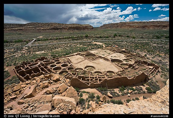 Ancient pueblo complex layout seen from above. Chaco Culture National Historic Park, New Mexico, USA (color)