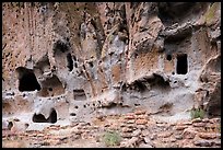 Walls built on Frijoles Canyon floor and dwellings in cavates. Bandelier National Monument, New Mexico, USA ( color)