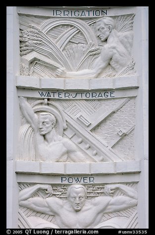 Detail of bas-relief  celebrating benefits of the dam, Hoover Dam. Hoover Dam, Nevada and Arizona (color)