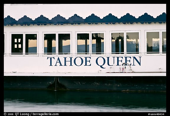 Side of Tahoe Queen boat with mountains seen through, South Lake Tahoe, Nevada. USA