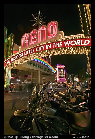 Motorbikes and neon sign at night. Reno, Nevada, USA