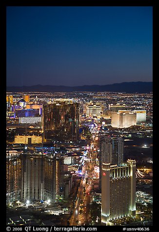 Las Vegas Boulevard and casinos seen from above at sunset. Las Vegas, Nevada, USA