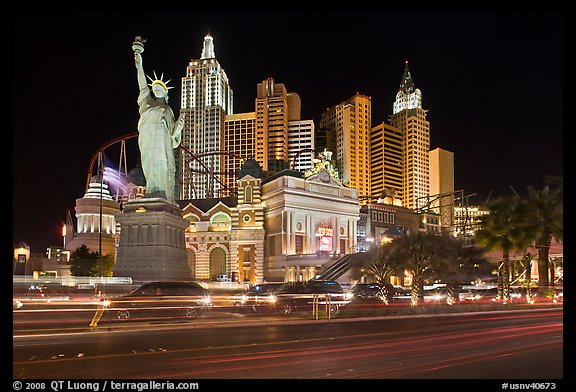 Las Vegas Boulevard and  New York New York casino at night. Las Vegas, Nevada, USA (color)
