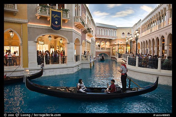Family gondola ride inside Venetian casino. Las Vegas, Nevada, USA (color)