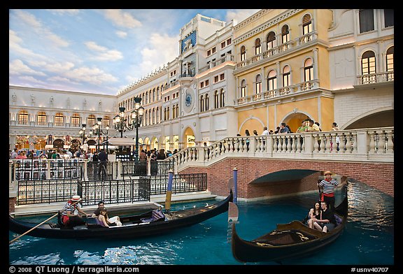 Gondolas and Saint Mark Square inside Venetian hotel. Las Vegas, Nevada, USA (color)
