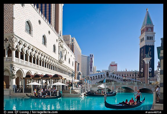 Gondola rides in front of the Venetian hotel. Las Vegas, Nevada, USA (color)