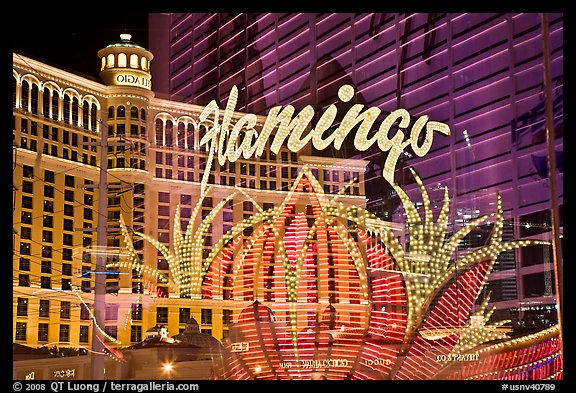 Flamingo hotel lights and Bellagio hotel reflections. Las Vegas, Nevada, USA