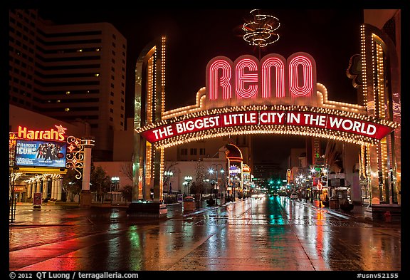 Biggest little city in the world sign and reflections. Reno, Nevada, USA (color)