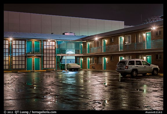 Motel on rainy night. Reno, Nevada, USA (color)