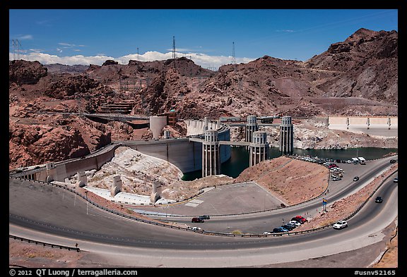 Dam with US 93 route traffic prior to bypass. Hoover Dam, Nevada and Arizona (color)