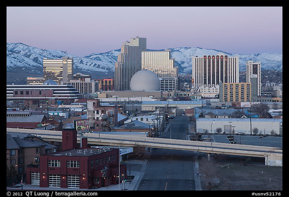 Winter dawn over downtown buildings. Reno, Nevada, USA (color)