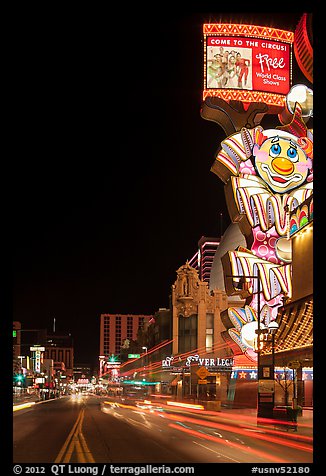 Giant neon sign on main street at night. Reno, Nevada, USA