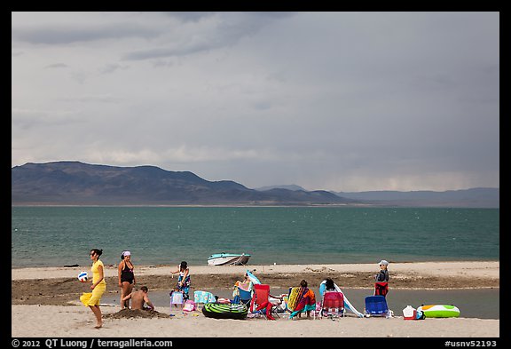 Lakeshore beach recreation, approaching storm. Pyramid Lake, Nevada, USA (color)