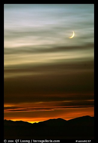 Crescent moon and mountain range. Nevada, USA (color)