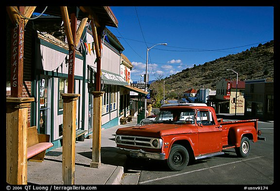 Red truck, main street, Pioche. Nevada, USA (color)