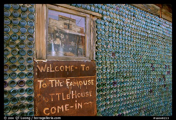 Window and wall,  bottle house, Rhyolite ghost town. Nevada, USA (color)