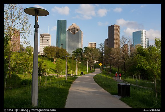 Path in park and skyline. Houston, Texas, USA (color)