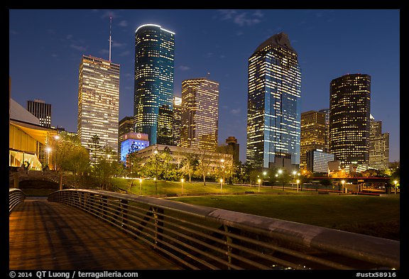 Skyline from footbridge at night. Houston, Texas, USA (color)