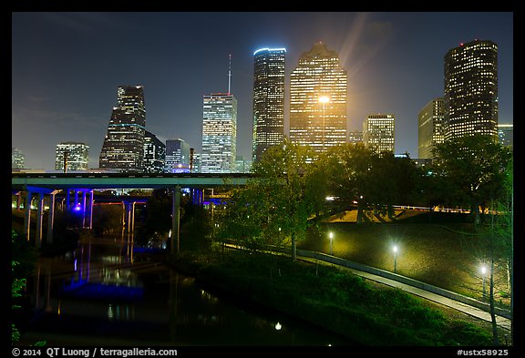 Buffalo Bayou and skyline at night. Houston, Texas, USA (color)