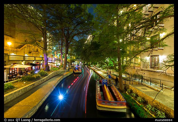 Barge at night, Riverwalk. San Antonio, Texas, USA (color)
