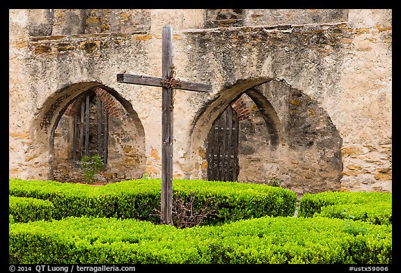 Cross in courtyard, Mission San Jose. San Antonio, Texas, USA (color)