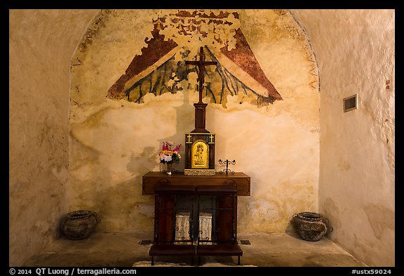 Secondary altar in adobe room, Mission Concepcion. San Antonio, Texas, USA (color)