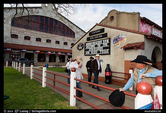 Men in front of Cowtown Coliseum. Fort Worth, Texas, USA (color)
