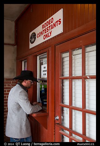 Man registers as rodeo contestant, Stockyards. Fort Worth, Texas, USA (color)