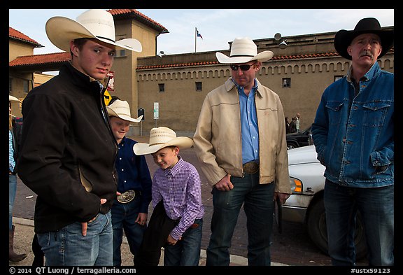 Family wearing cowboy hats, Stockyards. Fort Worth, Texas, USA (color)