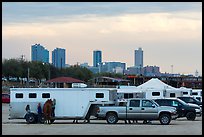 Trucks with horse trailers and skyline. Fort Worth, Texas, USA ( color)