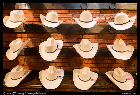 Light cowboy hats for sale. Fort Worth, Texas, USA (color)