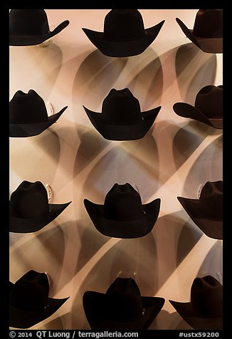 Dark cowboy hats for sale. Fort Worth, Texas, USA (color)