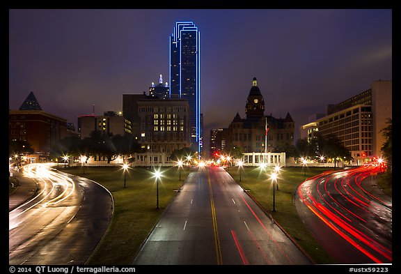 Dealey Plazza and skyline by night. Dallas, Texas, USA (color)