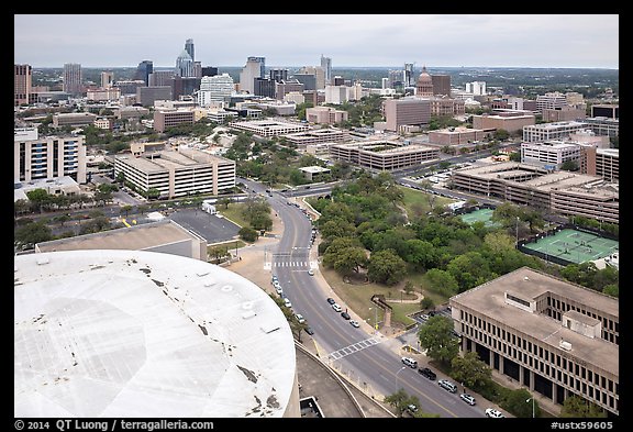 Aerial view of Austin skyline from above Frank Erwin Center. Austin, Texas, USA (color)