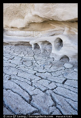 Cracked mud and cliff with holes. Grand Staircase Escalante National Monument, Utah, USA