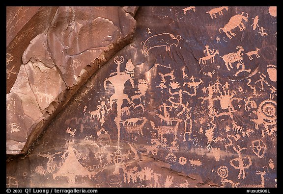 Petroglyphs on Newspaper rock. Bears Ears National Monument, Utah, USA (color)
