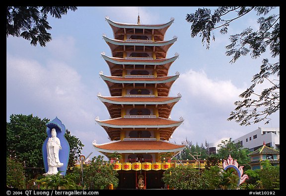 Eight-story tower of Vinh Ngiem pagoda, district 3. Ho Chi Minh City, Vietnam (color)